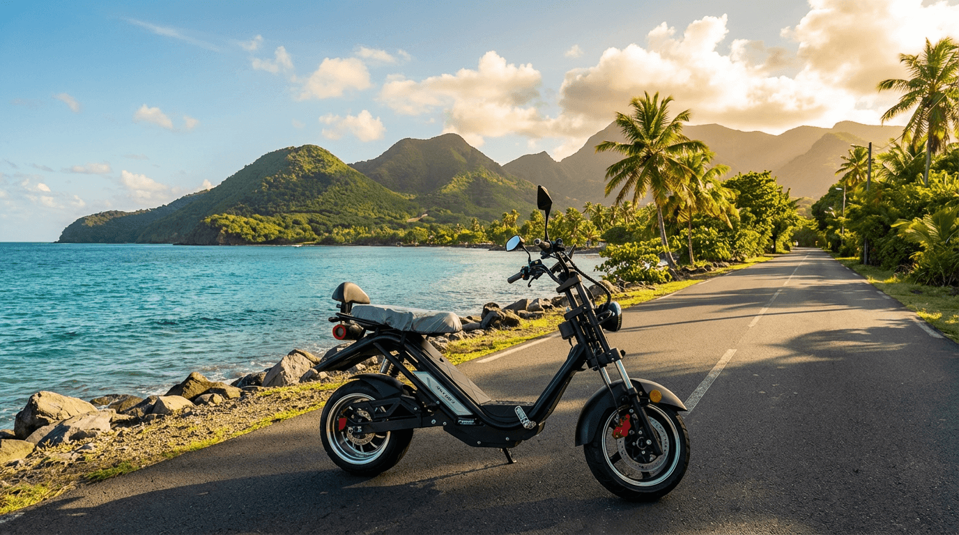 Scooter électrique sur une route côtière en Martinique