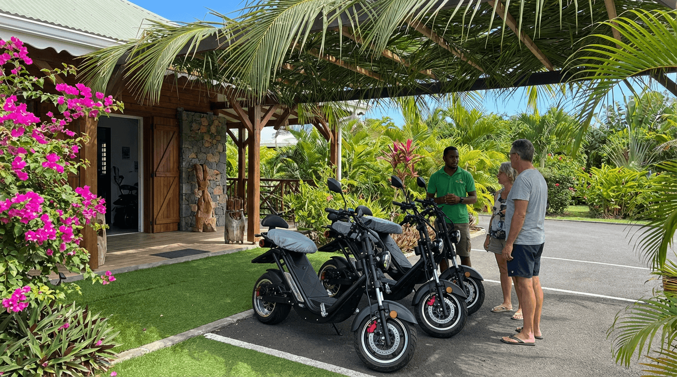 Clients découvrant les scooters DOTLOC avec un conseiller